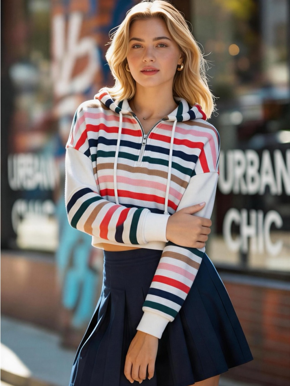 aerie Restart Multicolor Striped Half-Zip Hoodie Oversized Cropped Size XS